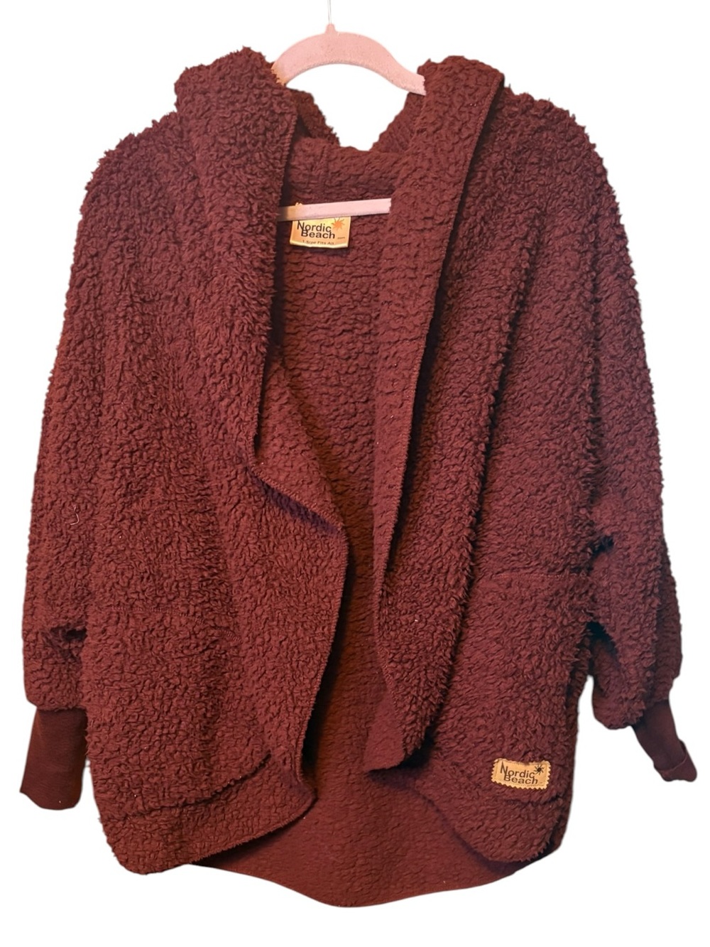 Nordic Beach Chocolate Cherry Sherpa Hooded Wrap Jacket One Size